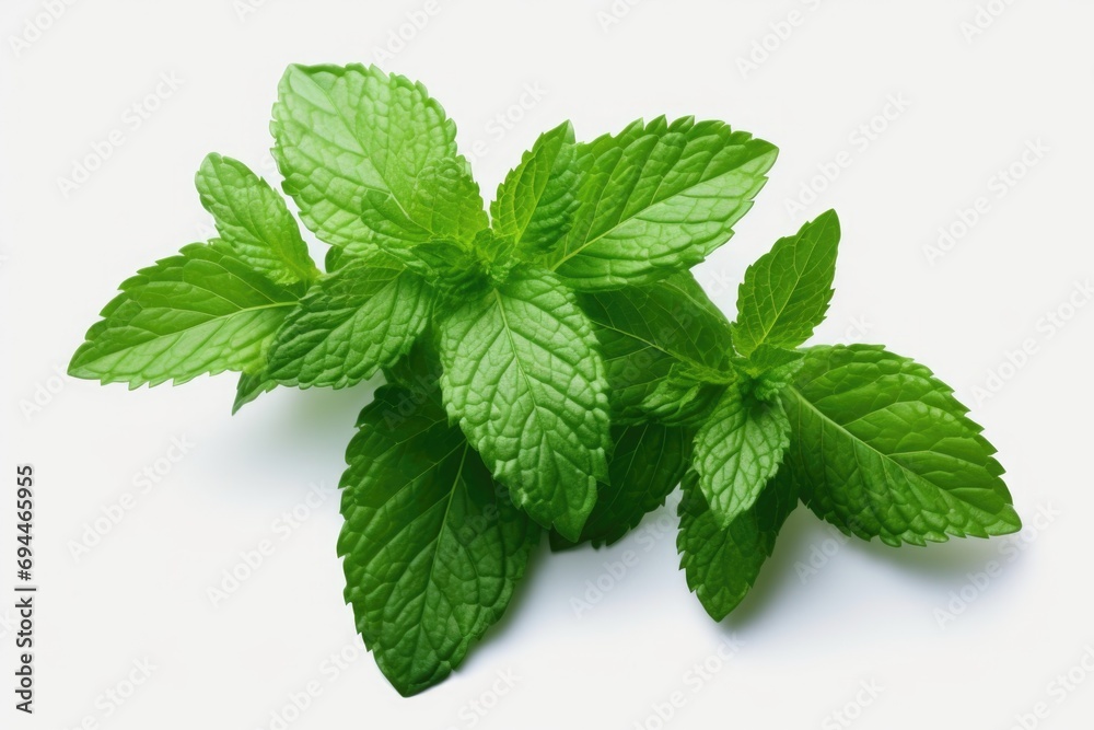 Poster a bunch of fresh mint leaves on a white surface. perfect for adding a touch of freshness to food and