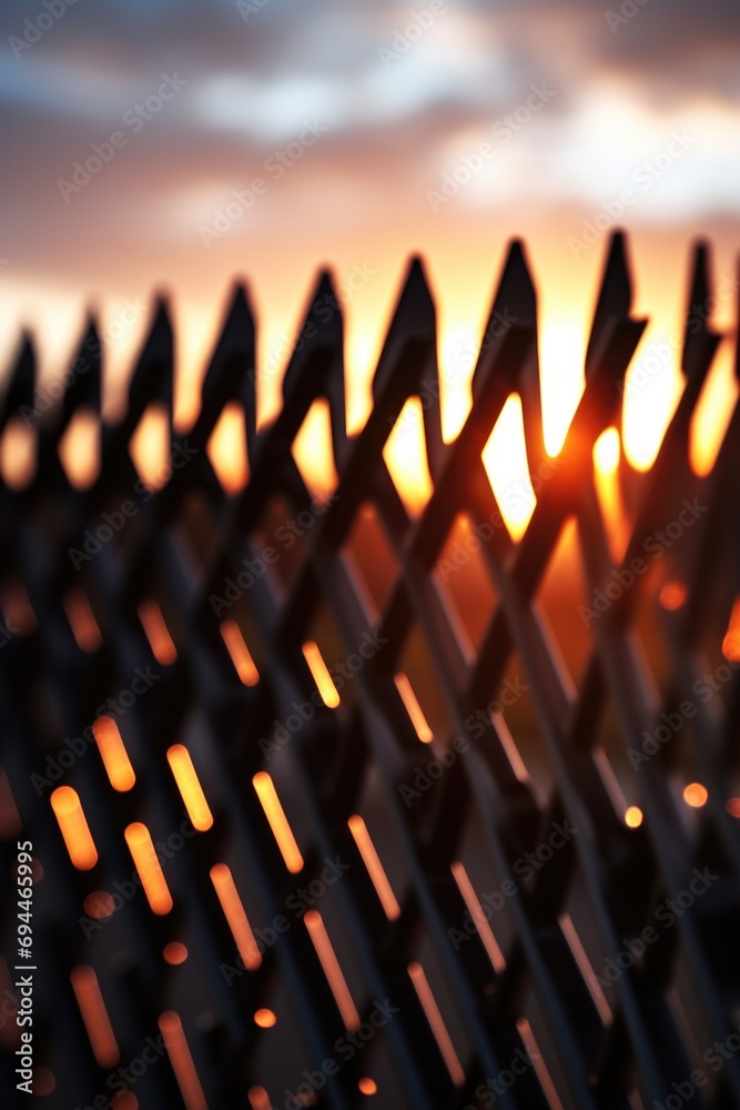 Poster A close-up view of a fence with the sun setting in the background. Perfect for adding a touch of warmth and tranquility to any project