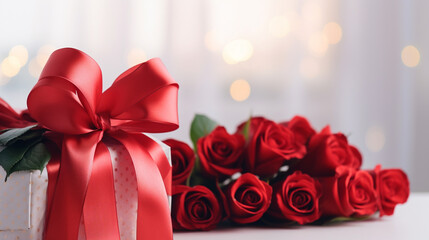 Bouquet of red roses with a white gift box with a red ribbon,on wooden table with bokeh, closeup