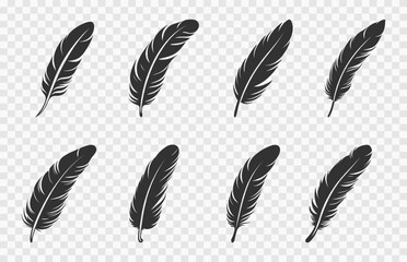 Bird Feather Silhouettes Vector Set, Feathers black Silhouette bundle, detailed majestic feather
