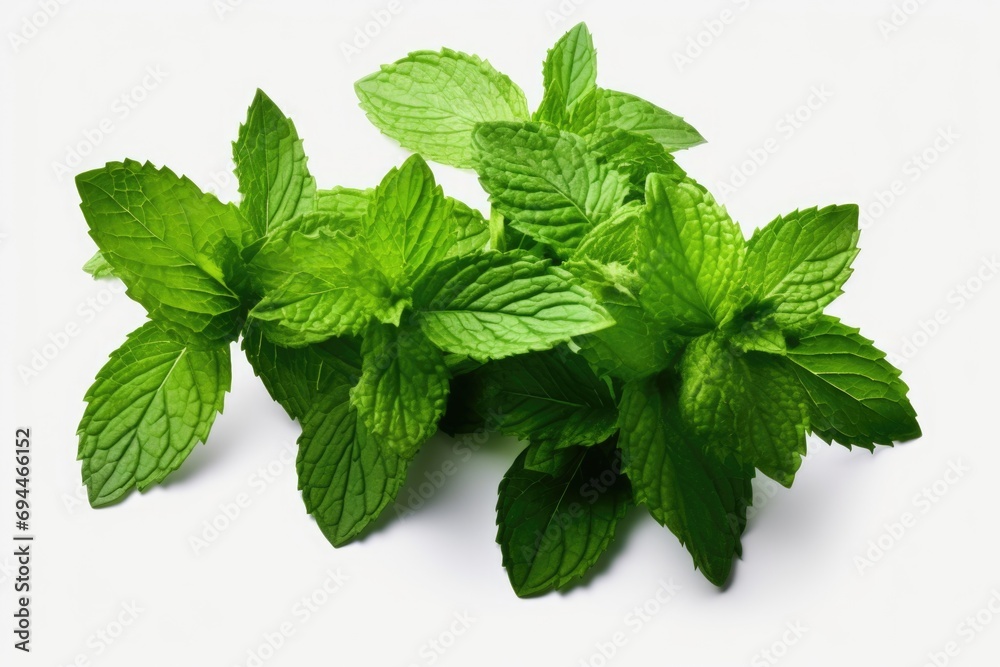 Poster a bunch of fresh mint leaves on a white surface. perfect for adding a refreshing touch to food and b