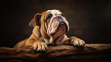Photo of a red-and-white English bulldog looking up on a dark background