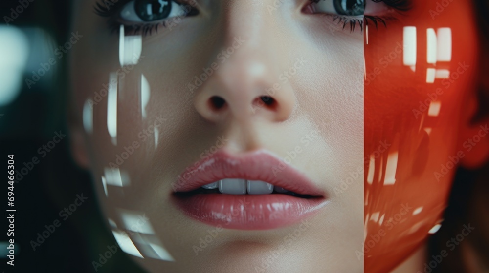 Poster Close up of a woman's face with red paint. Versatile image suitable for artistic projects or makeup tutorials