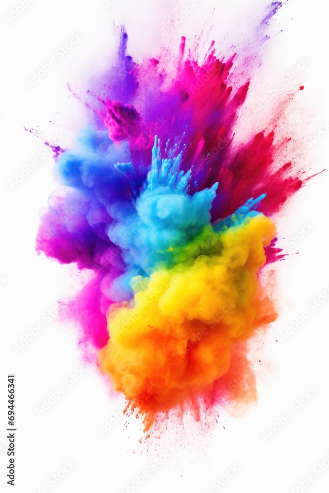 Poster Colorful powder exploding in a vibrant display on a clean white background. Perfect for adding a burst of energy and excitement to your designs