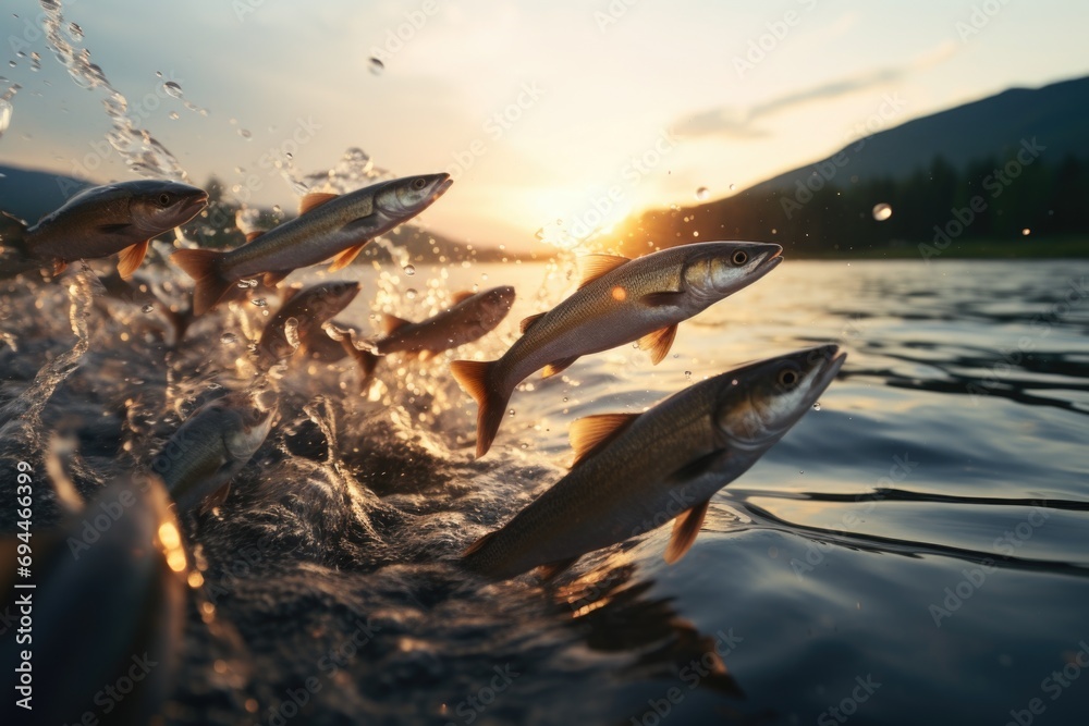 Poster fish in a group jumping out of the water. can be used for illustrating concepts of freedom, teamwork