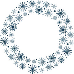 Cute wreath with snowflakes. Greetings to the seasons. Flat snow icons, snowfall. Nice Christmas template of snowflakes, cards. New Year's snowflakes with place for text. Merry Christmas wreath
