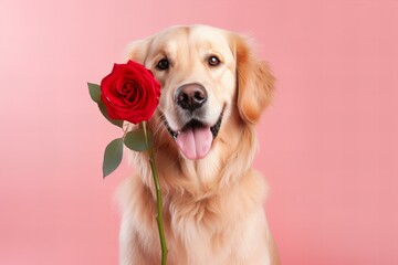 Valentines Day card with cute golden retriever dog with a beautiful red rose on a pastel pink...