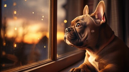 Photo a French bulldog looks out the window at the lights of the night city