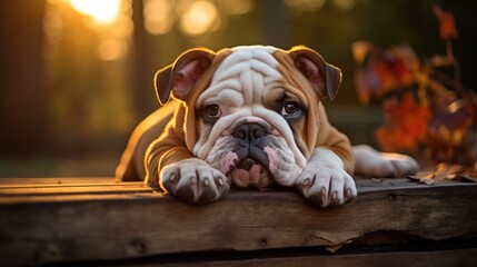 Photo of a red-and-white English bulldog puppy lying on a wooden veranda