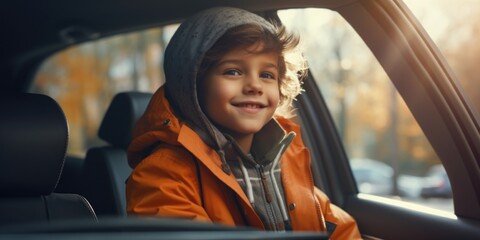 A young boy is seen sitting in the passenger seat of a car. This image can be used to depict travel, family, or road trips
