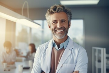 Fototapeta premium A man in a lab coat standing confidently with his arms crossed. Perfect for scientific and research-related projects