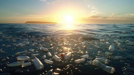 Plastic bottles floating in the ocean. Suitable for environmental awareness campaigns - obrazy, fototapety, plakaty