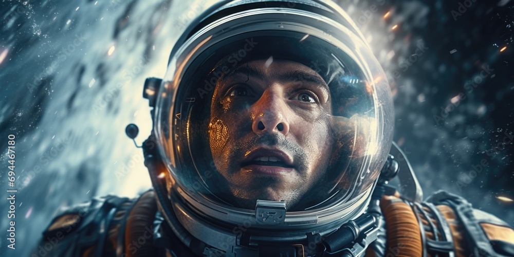 Poster a detailed view of a person wearing a space suit. this image can be used to depict space exploration