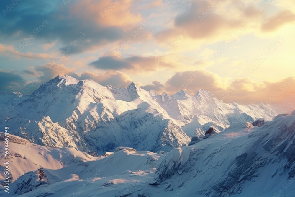 Aufkleber A breathtaking view of a mountain range covered in snow and surrounded by clouds. This image captures the serene beauty of nature.