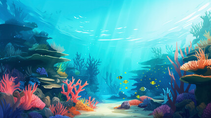 underwater coral reef and fish, ocean landscape, aquatic nature