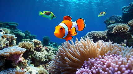 clownfish, underwater coral reef and fish, ocean landscape, aquatic nature 