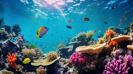 Fototapeta na wymiar underwater coral reef and fish, ocean landscape, aquatic nature 