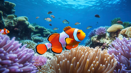 Naklejka na ściany i meble clownfish, underwater coral reef and fish, ocean landscape, aquatic nature 