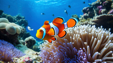 clownfish, underwater coral reef and fish, ocean landscape, aquatic nature 