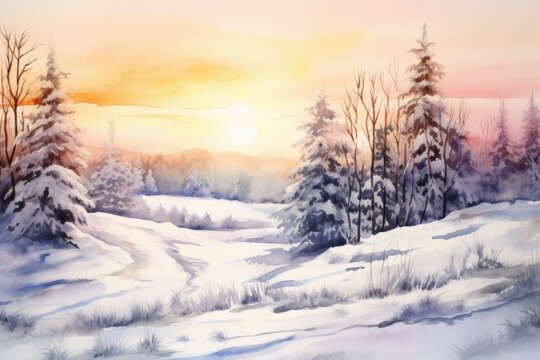 A serene painting depicting a snowy landscape with towering trees. Perfect for winter-themed designs and nature-inspired projects