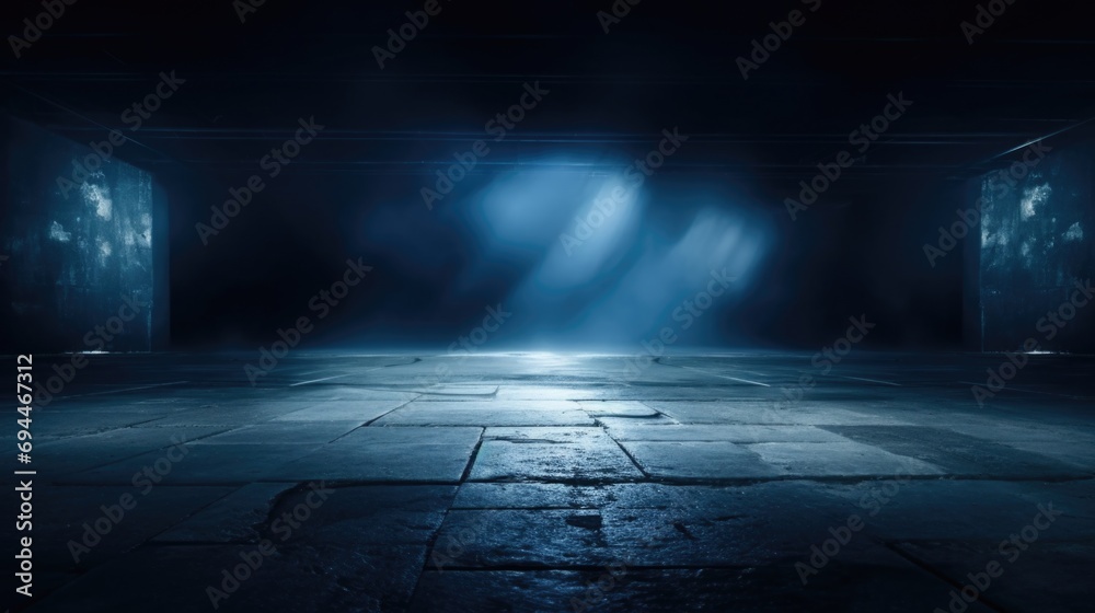 Poster A picture of a dark room illuminated by a single light source coming from the ceiling. This image can be used to depict mystery, solitude, or the concept of finding light in darkness