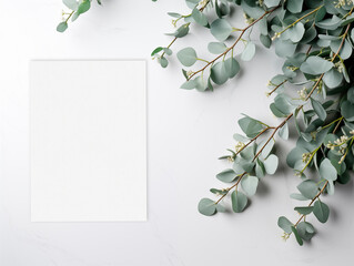 Top view mockup card on the white marble background with eucalyptus branches
