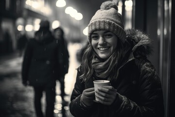 Fototapeta premium A woman holding a cup of coffee on a bustling city street. Ideal for use in coffee shop advertisements or lifestyle blog posts