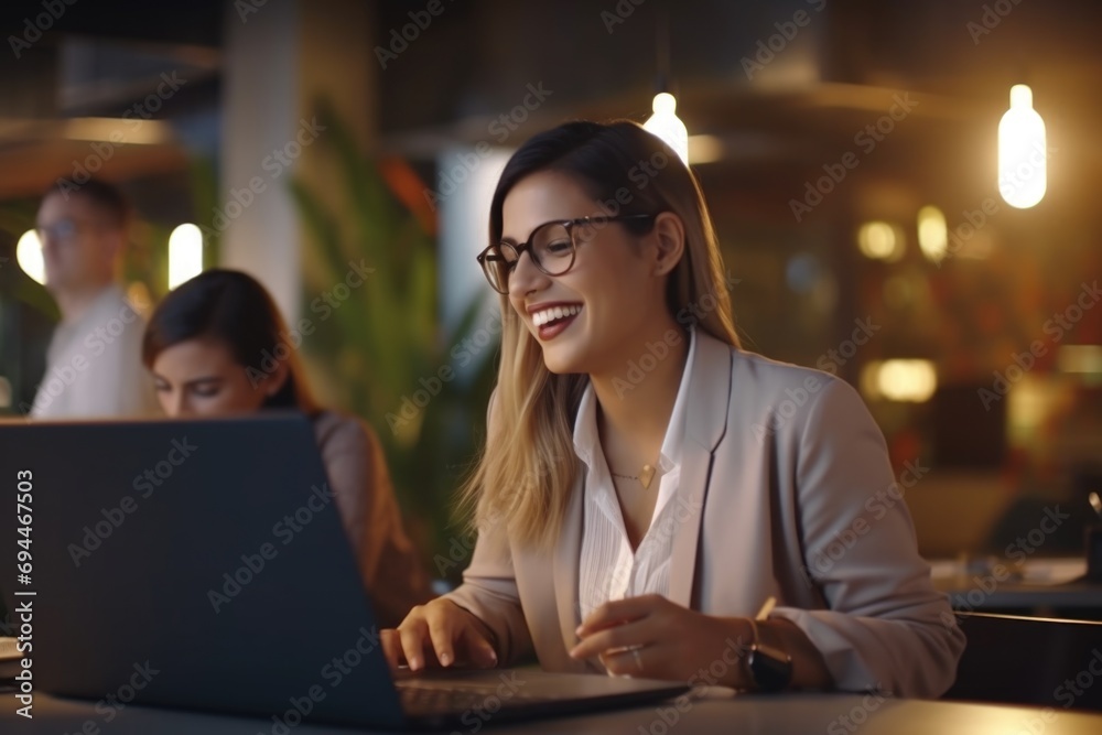 Poster a woman is seen sitting in front of a laptop computer. this versatile image can be used to depict va