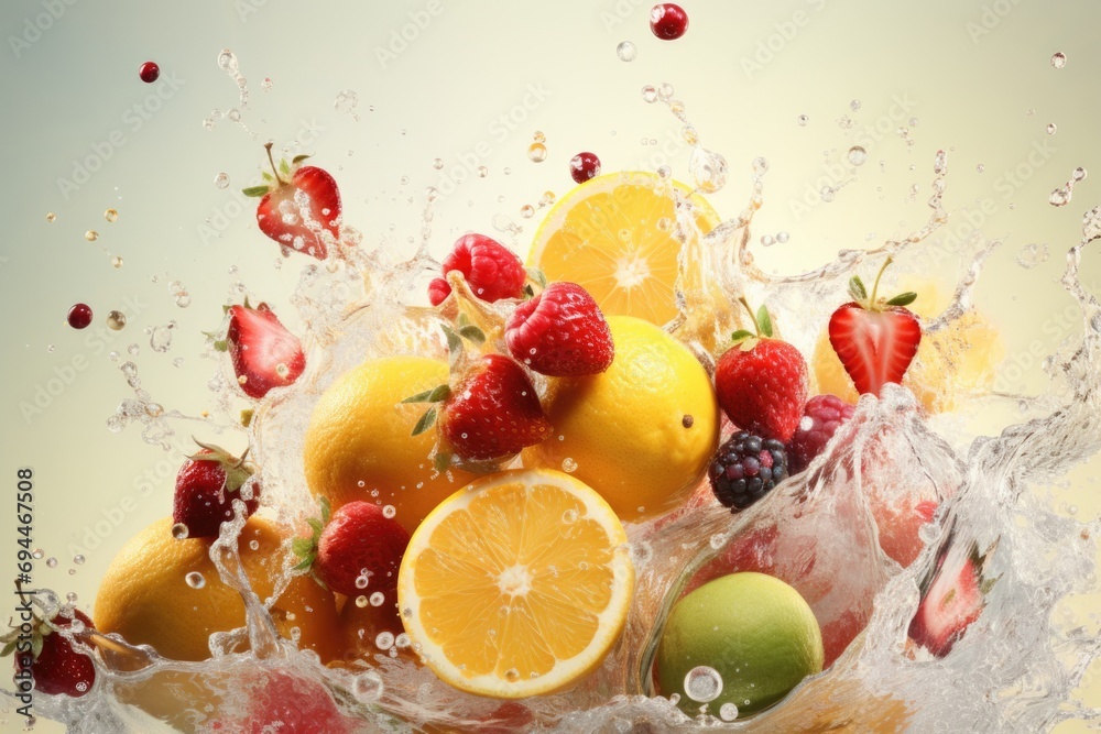 Poster a picture of a bowl filled with various fresh fruits, with water splashing on them. this image can b