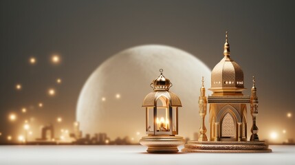 Obraz premium 3d Luxury Islamic platform with gold crescent moon, traditional islamic lantern, and mosque. Horizontal Islamic design Banner for Social media display, presentation,Ramadan designs, Ramadan kareem