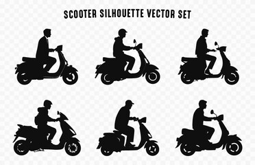 Man Riding Scooter Silhouettes Vector Bundle, People Ride Scooter black Silhouette Set