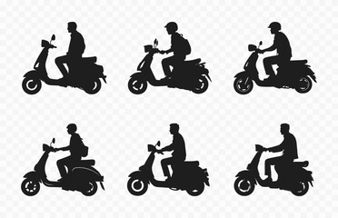 Man Riding Scooter Silhouettes Vector Bundle, People Ride Scooter black Silhouette Set