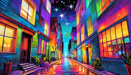 scenario of a street alley at night ai art - obrazy, fototapety, plakaty