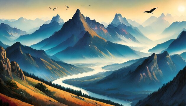 sunset in the mountains scenary background ai art