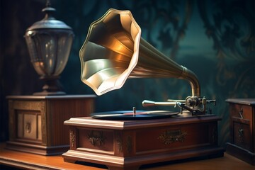 Musical nostalgia Vintage aquamarine gramophone, filtered photo, 90s concept background