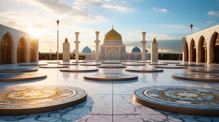 Expansive scene highlighting a landscape with multiple 3D mosaic podiums in a mosque courtyard.