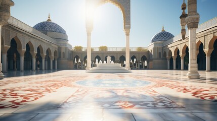 Expansive scene highlighting a landscape with a mosaic podium in a mosque courtyard, featuring colorful 3D elements.