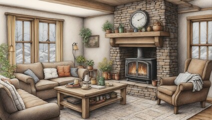 living room with fireplace background sketch, artistic