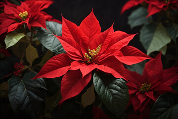 Beautiful red Poinsettia (Euphorbia pulcherrima), Christmas Star flower. Festive red and golden holiday background