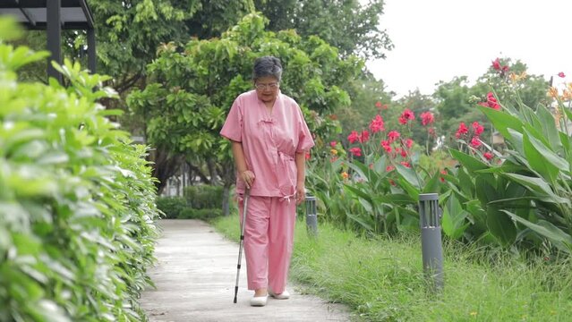 An elderly Asian female patient walks using a cane to support herself in an outdoor garden to perform physical therapy to help her body recover. Health care. Elderly rehabilitation center