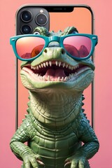 crocodile cartoon illustration with sunglasses, taking selfie on a pastel purple background, very funny illustration, commercial advertisement, award winning pet magazine cover