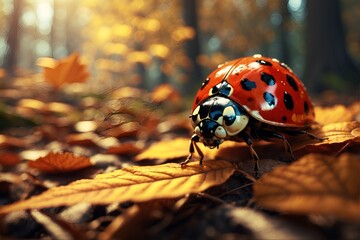 ladybug on a leaf, closeup - obrazy, fototapety, plakaty
