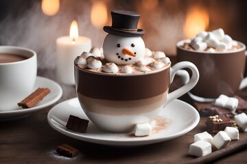 Fototapeta na wymiar A steaming cup of hot chocolate, topped with a cream marshmallow snowman
