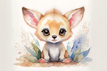 adorable, cute, funny, soft wild baby cangaroo in watercolor with big eyes