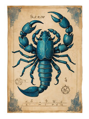 Discover the mystical allure of Scorpio as portrayed on aged, textured parchment within an astral themed card. This whimsical representation of the zodiac sign embodies depth, mystery.
