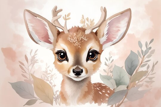 adorable, cute, funny, soft wild baby deer in watercolor with big eyes