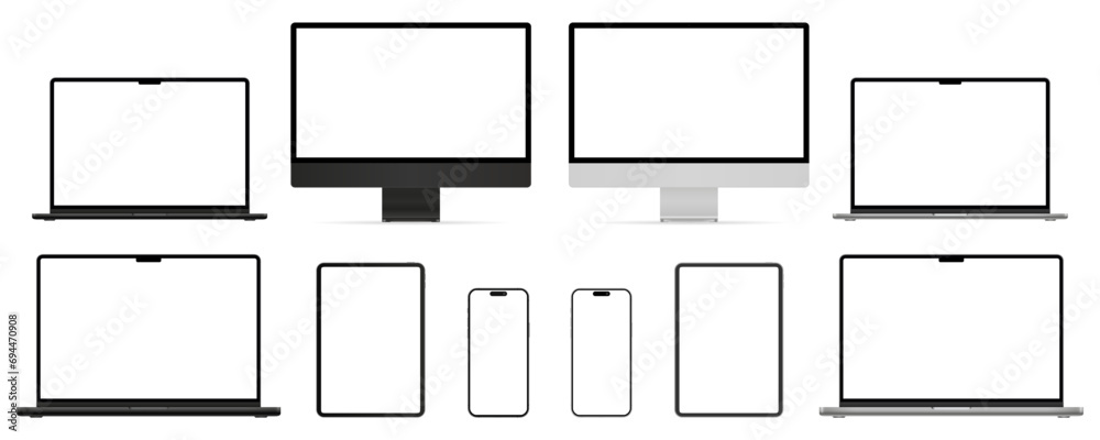 Poster set mockups technology devices of 2023-2024 years with empty display in silver and black colors, pho