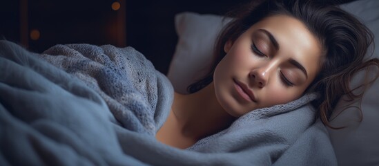 Beautiful young woman peacefully sleeping in bed, covered with a blanket. - obrazy, fototapety, plakaty
