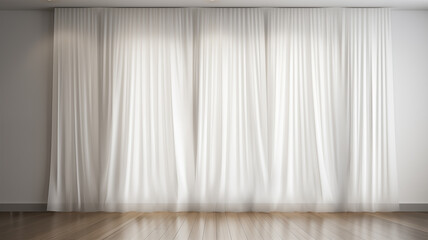 White curtain prevent light from window, empty room wooden floor, backdrop for photography studio, home decorations