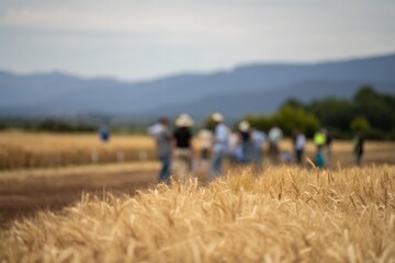 agricultural field day with a group of farmer growing wheat and barley cereal crops. learning about...